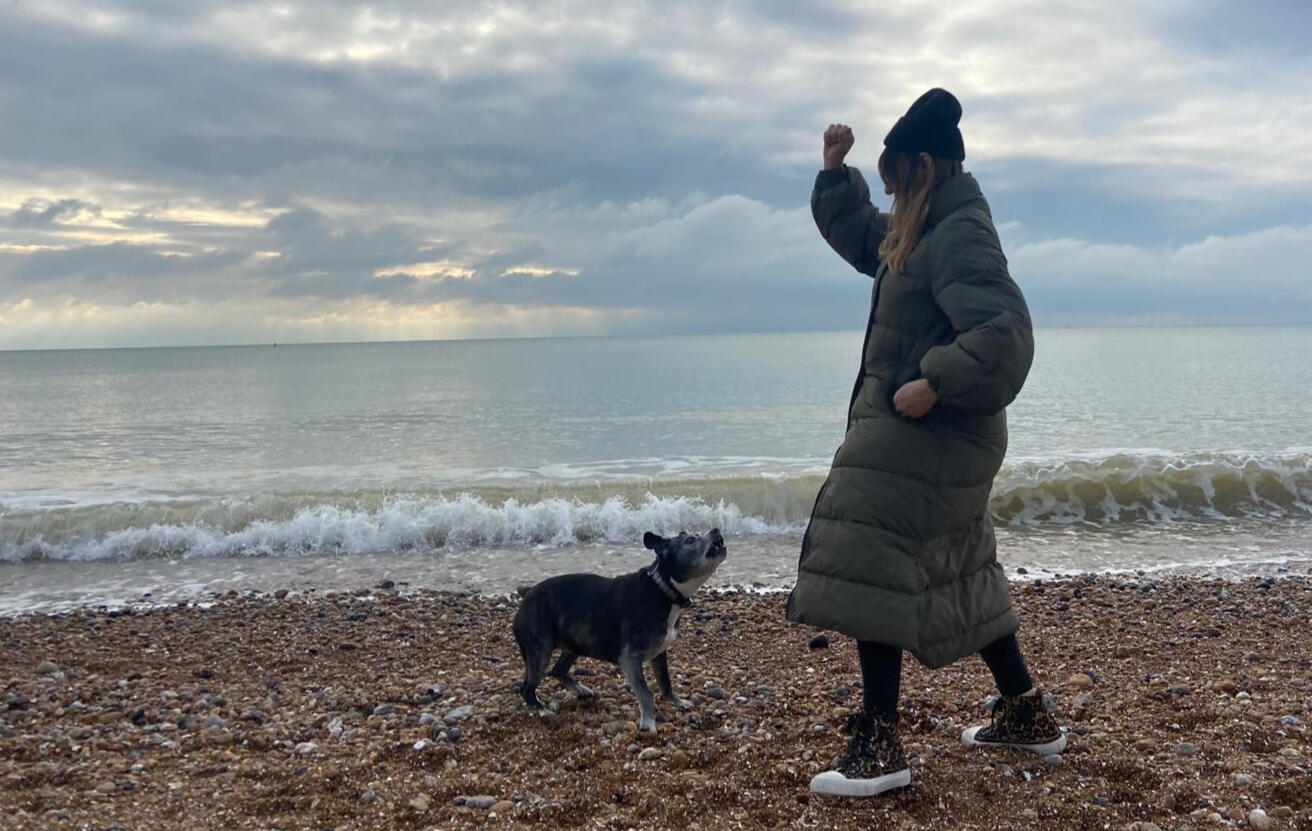 A woman walking a dog and playing fetch on brighton beach